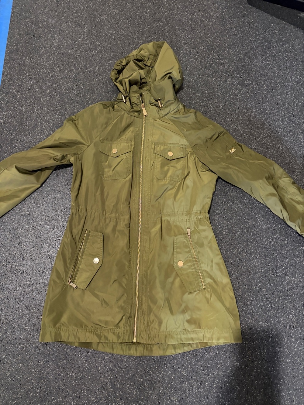 Michael Kors Olive Green Hooded Utility rain Jacket